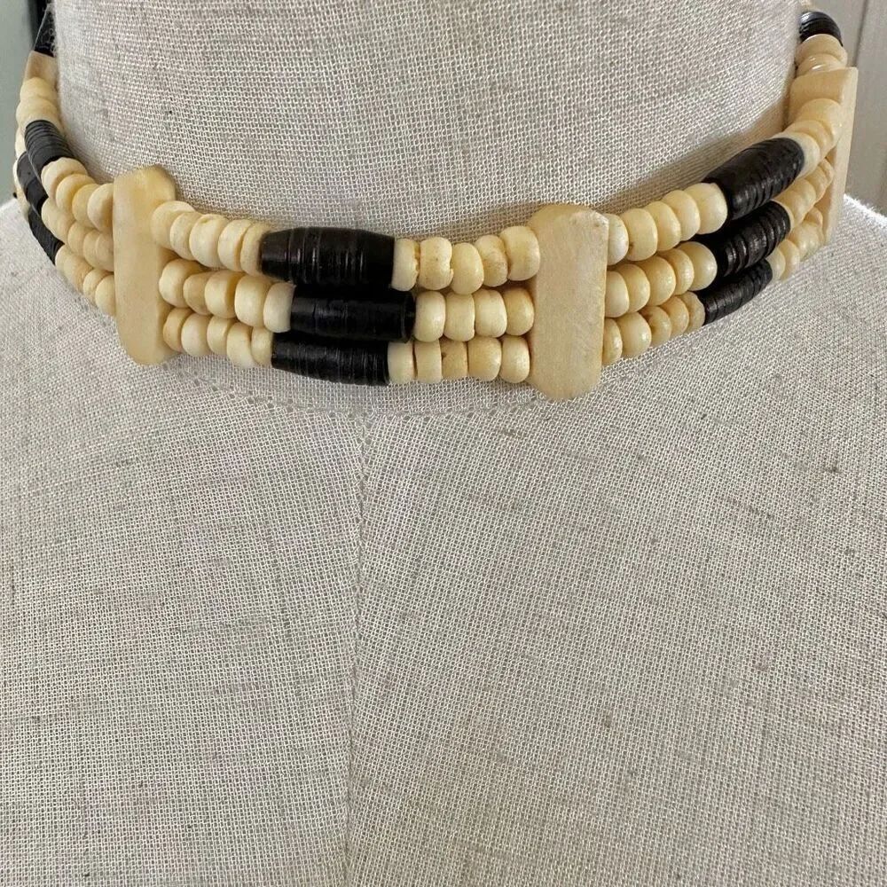 bone and wood triple strand choker necklace